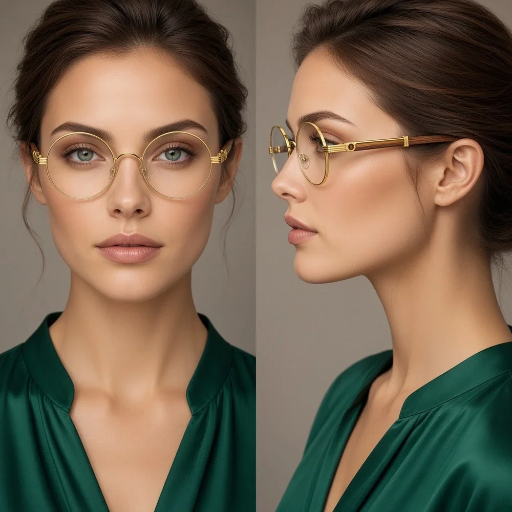 Women Round Eyeglasses Gold Frame Wood Arms Fashion Clear Glasses Sophisticated